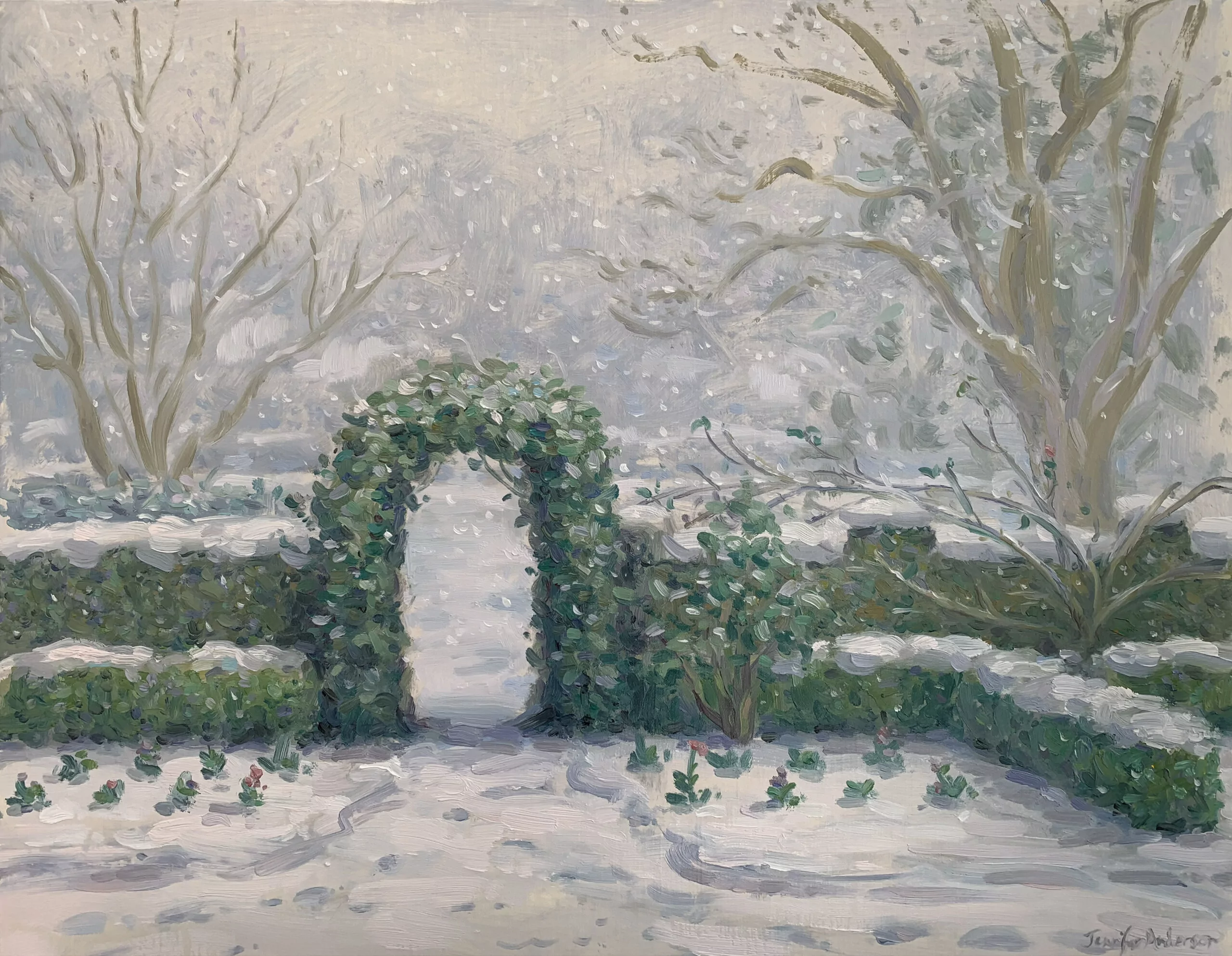 oil painting of a garden covered in snow