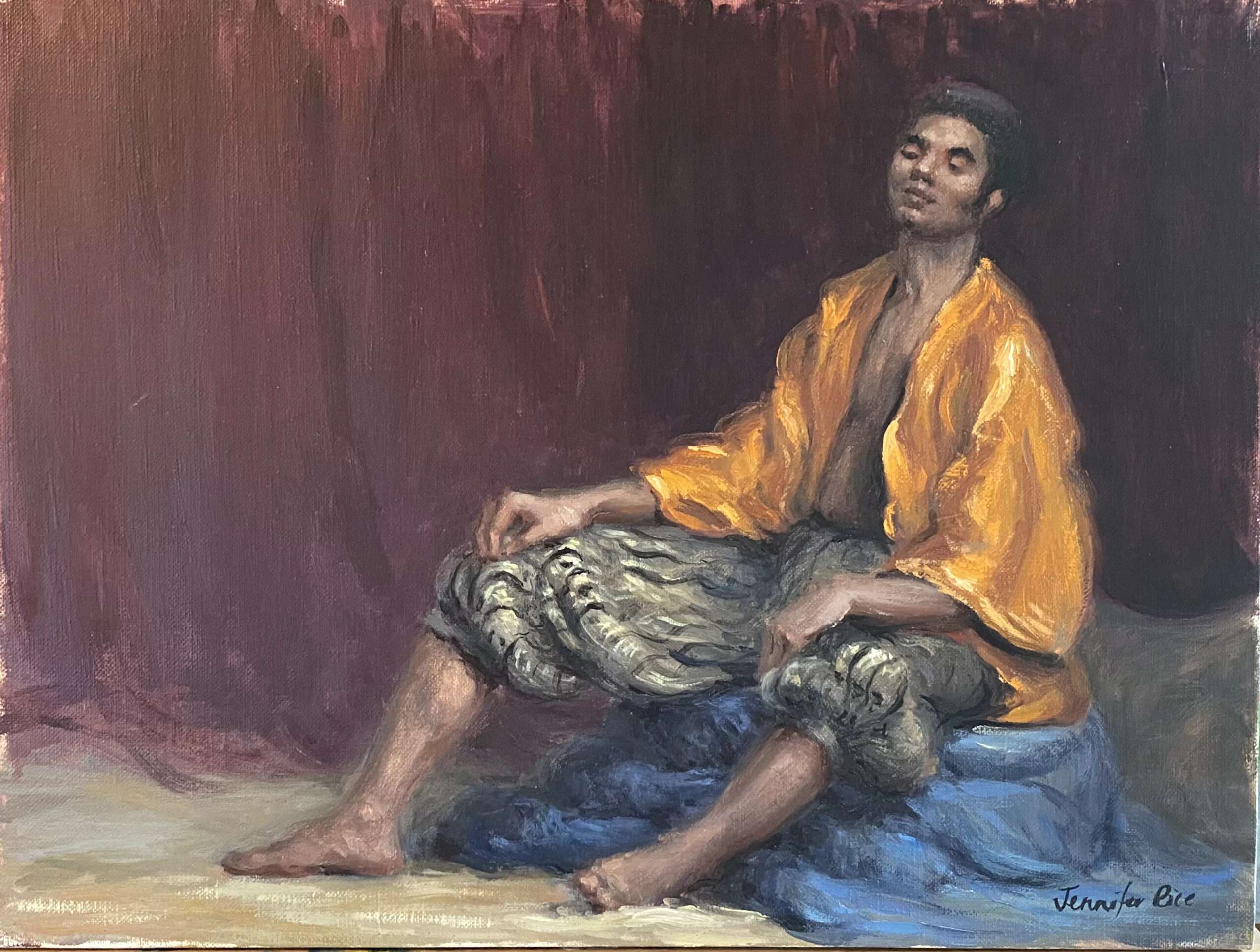 oil painting of a young African American in a gold jacket