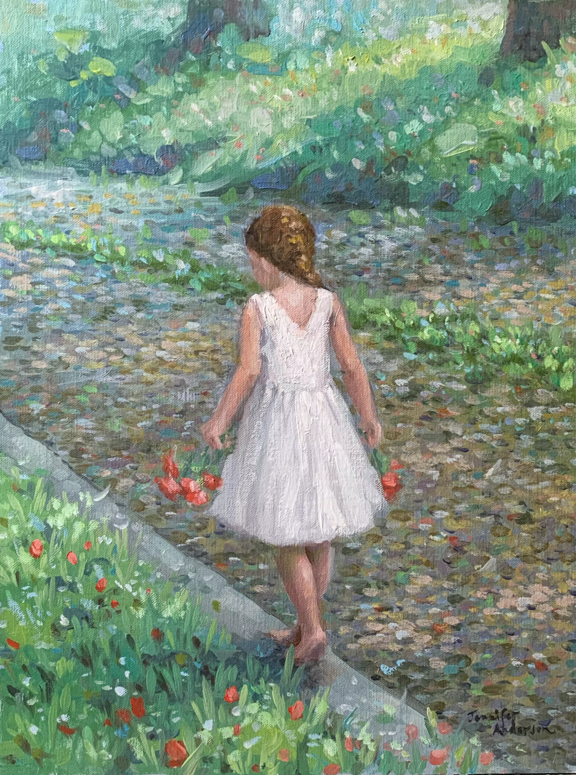 oil painting of a girl walking along a tulip garden